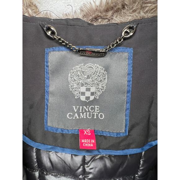 Vince Camuto XS Down $129 Puffer Coat Faux Fur Hood Long Jacket Full Zip Black - Picture 6 of 7